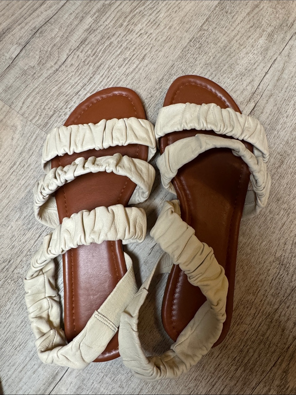 STAUD Cream Ruched Strap Sandals